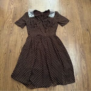 Hell Bunny Brown White polka dot short sleeve Sundress Peter Pan Collar Large